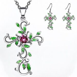 Cross Necklace Earring Set Religious Jewelry Red Faceted Rhinestone Silvertone